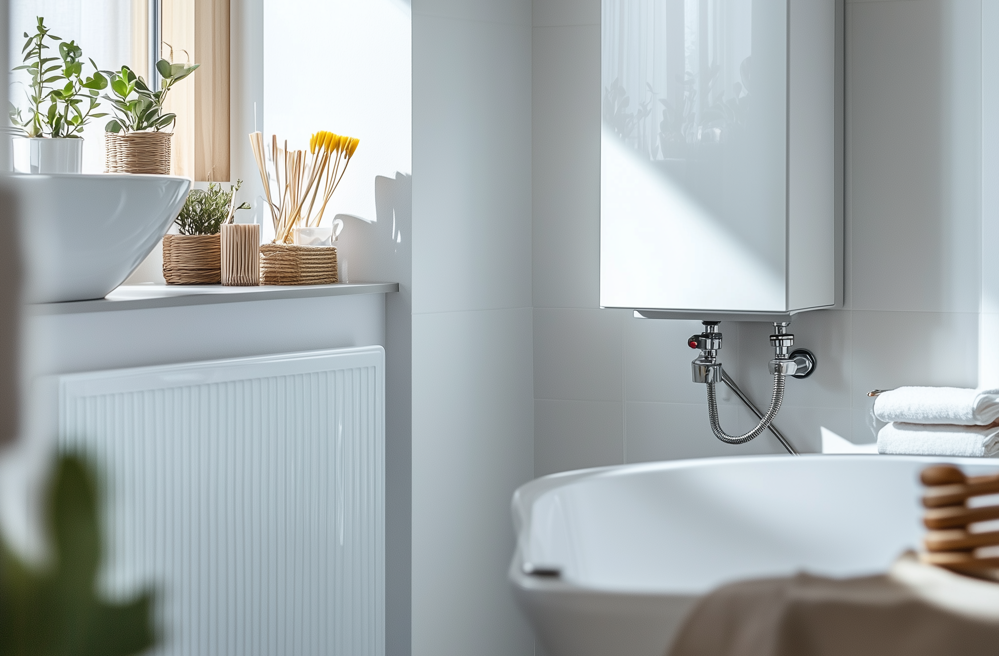 Weißes Badezimmer mit einer Gastherme an der Wand