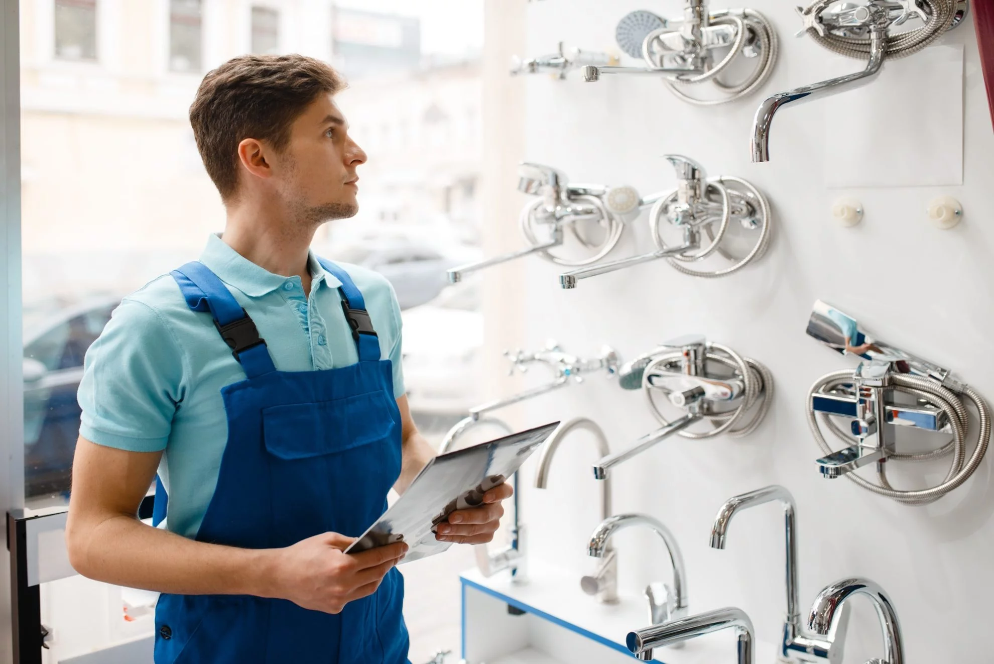 Installateur vor einer Präsentationswand mit verschiedenen Armaturen